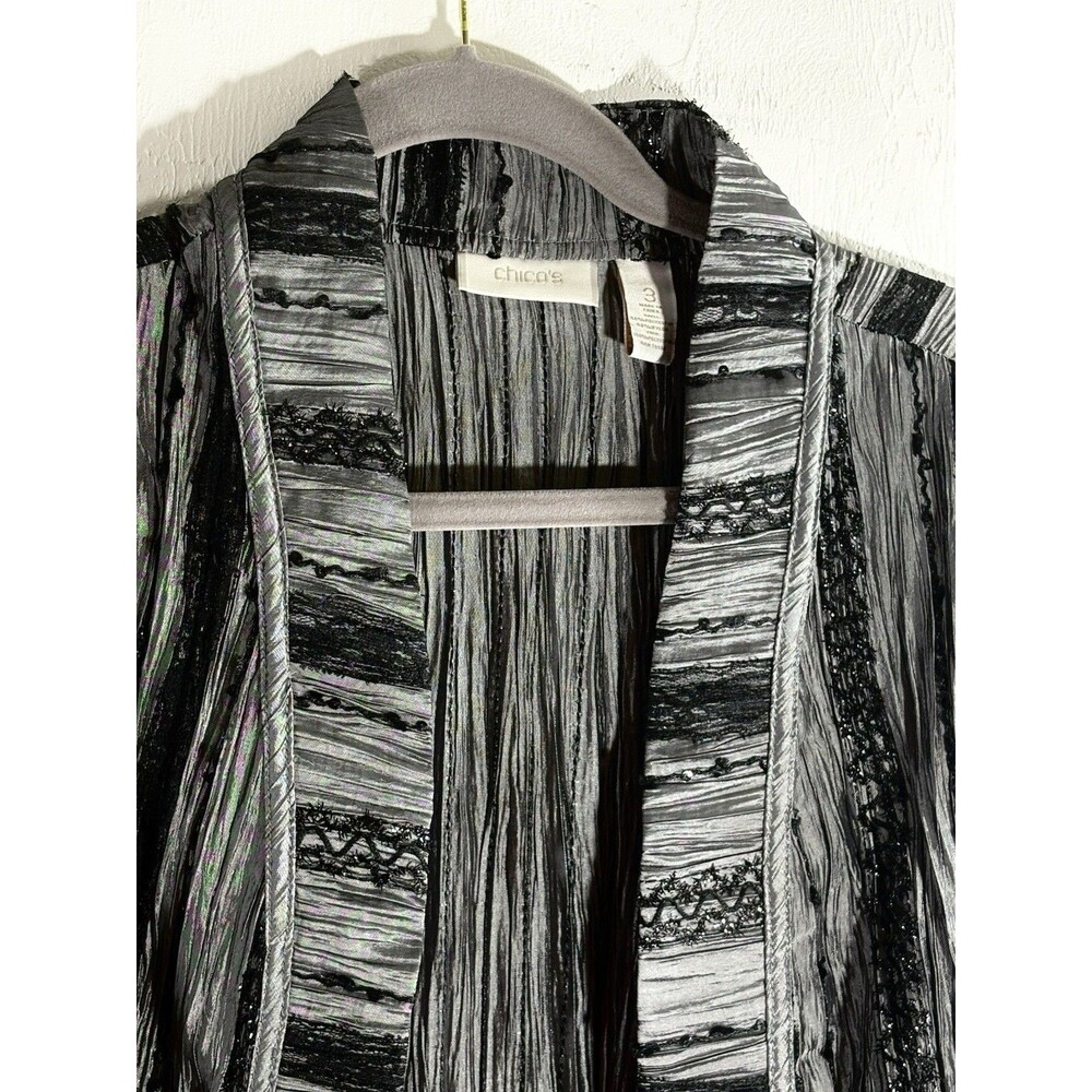 Chico’s Gray Black Blazer Open Front Sz 3 X-Large Women Dressy Black Lace Trim - Picture 7 of 9